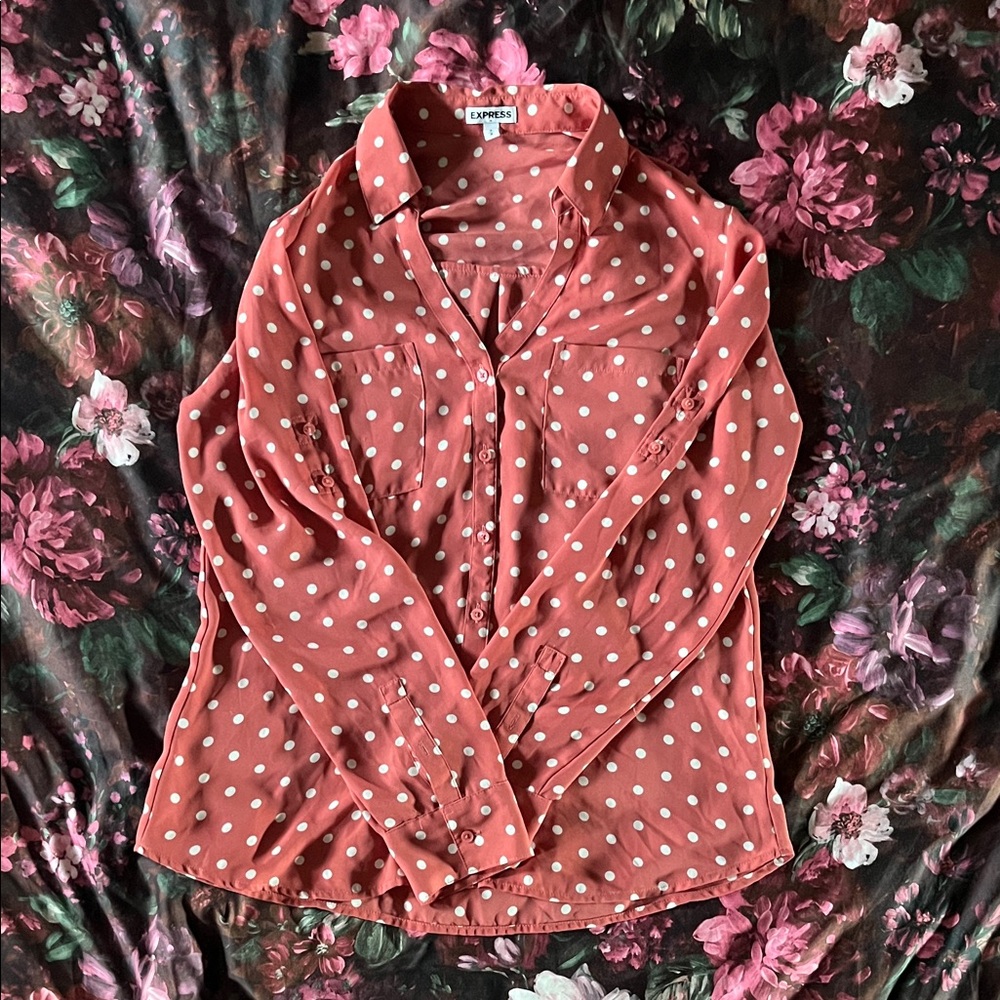 Express Women's Coral Polka Dot Button Down Shirt